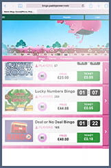 The amazingly rich bingo lobby of the mobile site at PP bingo